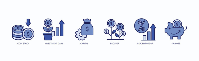 Coin Stack Icon Set Isolated Vector With Icon Of Capital, Prosper, Percentage Up, Savings, Percentage Up, Savings In Blue Style