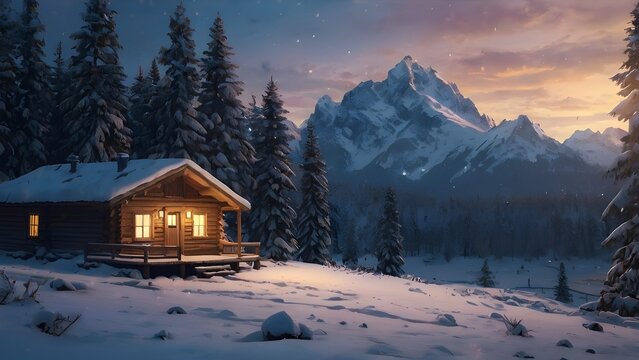 Warm Sunset Casting Glow on Snow-Covered Mountains