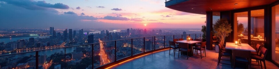Rooftop lounge area of upscale condo building overlooking the city, urban landscape, high-rise building, concrete jungle