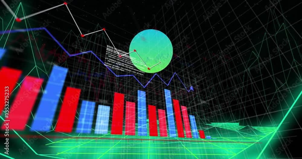 Aufkleber in school, animation of bar graphs and line charts on digital grid background
