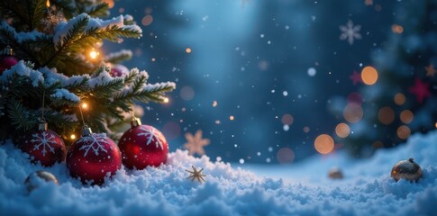 Fototapeta premium Snowflakes falling on a winter scene with festive lights and decorations, decorations, snowy landscape