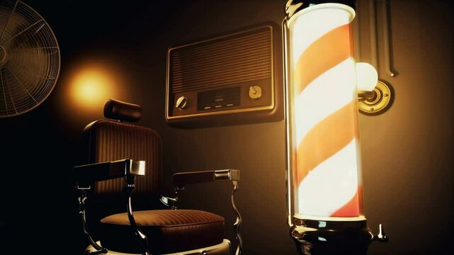 fixed Lo-Fi scene of a vintage barber chair in a dimly lit corner, with a glowing razor strop swaying gently, a ceiling fan spinning lazily overhead, and soft jazz humming faintly through an old radio