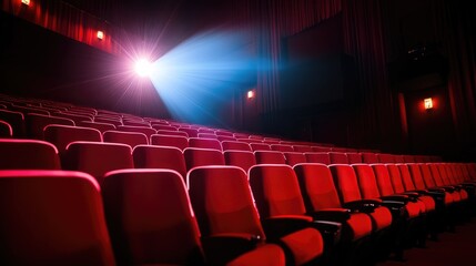 A dramatic movie theater interior with a single spotlight illuminating the empty red seats.