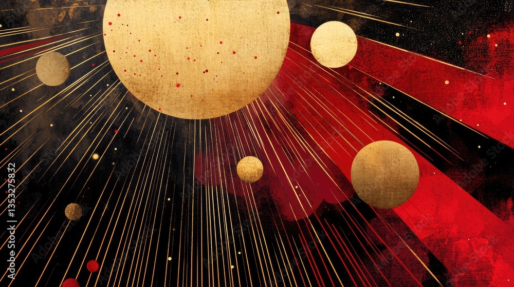 Poster abstract cosmic scene depicting celestial bodies and rays of light against a textured dark backgroun