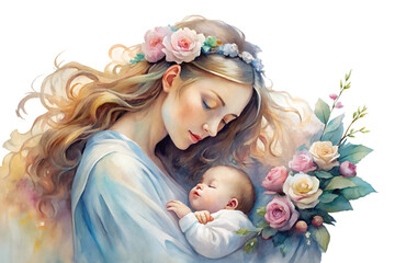 Watercolor painting for Mother's day isolated on transparent background.	