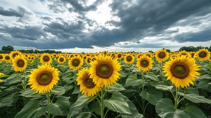 Fototapeta premium Sunflowers create a fascinating scene. Vibrant yellow petals and green foliage stand out, and the hills in the distance are softly focused. Captures the beauty, warmth, calmness and serenity of nature