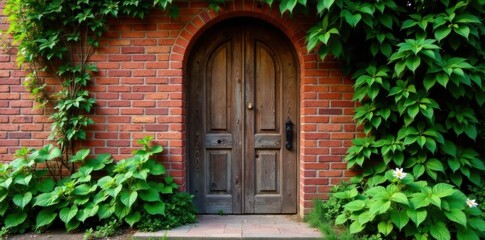 Vintage wooden door nestled in a rustic red brick wall surrounded by lush greenery, vintage door, natural beauty