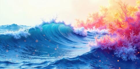 Fototapeta premium Watercolor Waves Background, bright colors, oceanic vibe