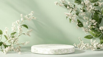 Elegant white podium, green backdrop, floral display.  Perfect for product presentation