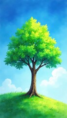 Fototapeta premium Watercolor painting of a lone tree against a blue sky, peaceful, landscape