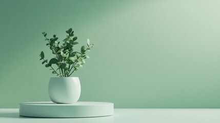 Minimalist plant on a podium, soft green backdrop, product presentation