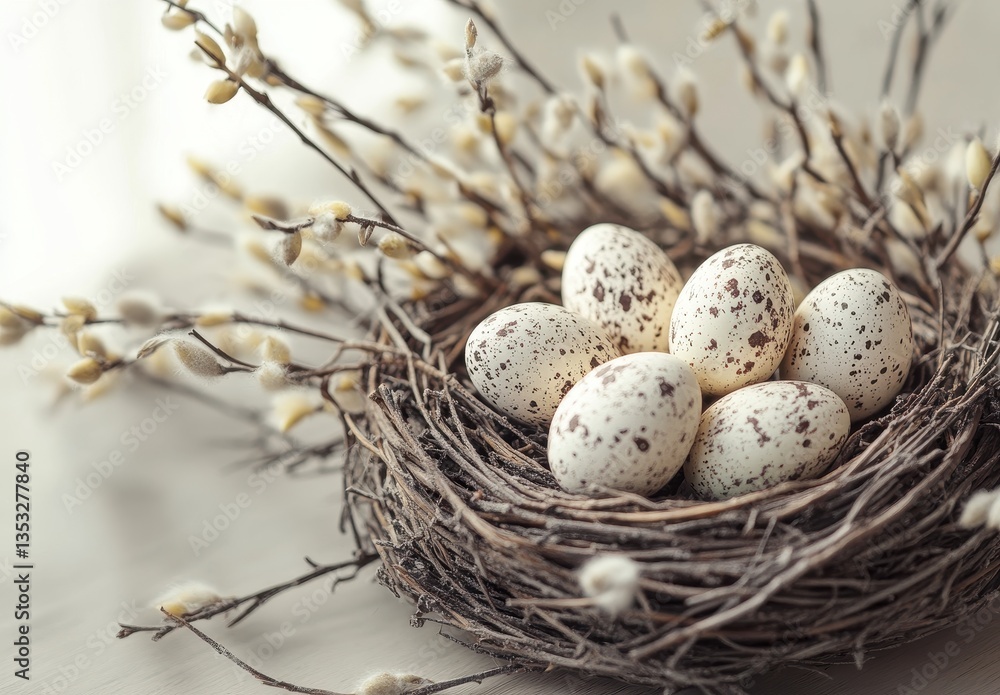 Poster delicate nest with quail eggs surrounded by blossoming branches on a soft background for spring and 