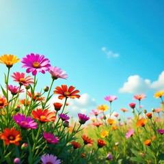 Fototapeta premium A vibrant cluster of wildflowers against a bright blue sky, sky, outdoors