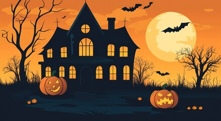 Haunted mansion silhouette at Halloween dusk with jack-o'-lanterns