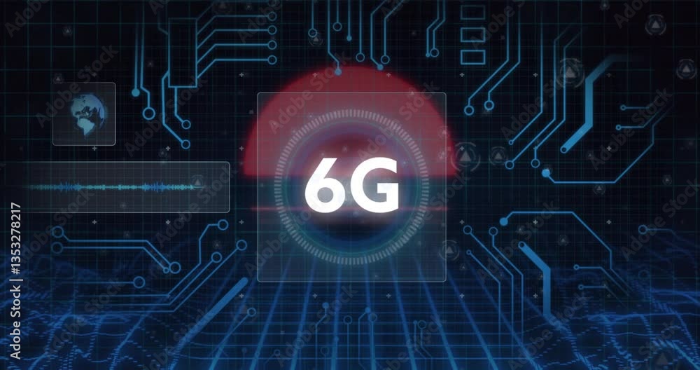 Aufkleber animation of 6g technology with digital circuits and futuristic interface elements