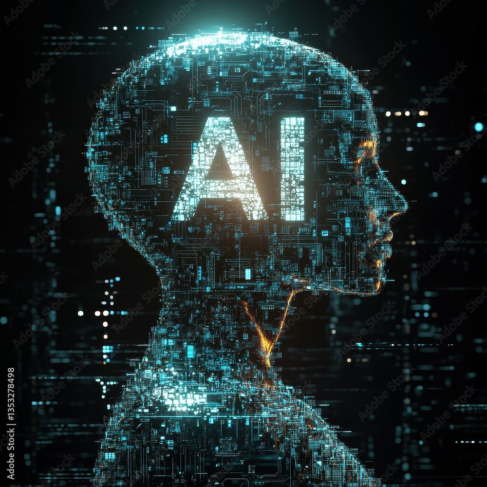 Poster a head with a face made of computer chips and the word ai written on it