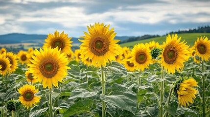 Obraz premium Sunflowers create a fascinating scene. Vibrant yellow petals and green foliage stand out, and the hills in the distance are softly focused. Captures the beauty, warmth, calmness and serenity of nature