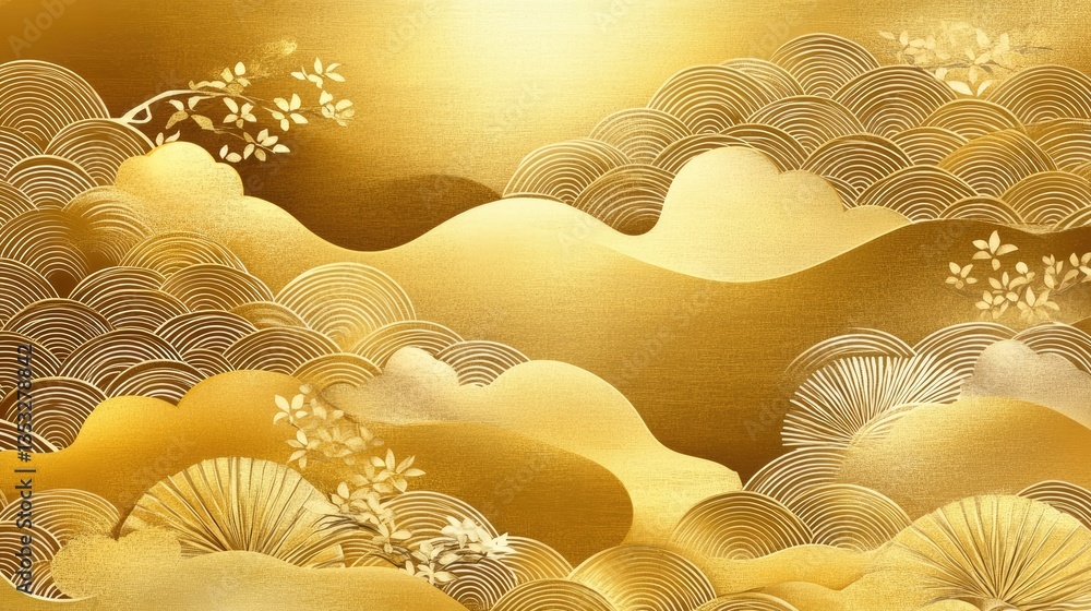 Poster elegant golden landscape with flowing clouds and subtle floral patterns, creating a serene and luxur