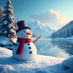 Obraz premium Cozy winter landscape featuring a large snowman in front of a frozen lake, snow-covered trees, frozen landscape, wintry scene