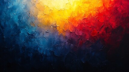 Naklejka premium Abstract painting with vibrant red, orange, yellow, and blue colors in thick texture.