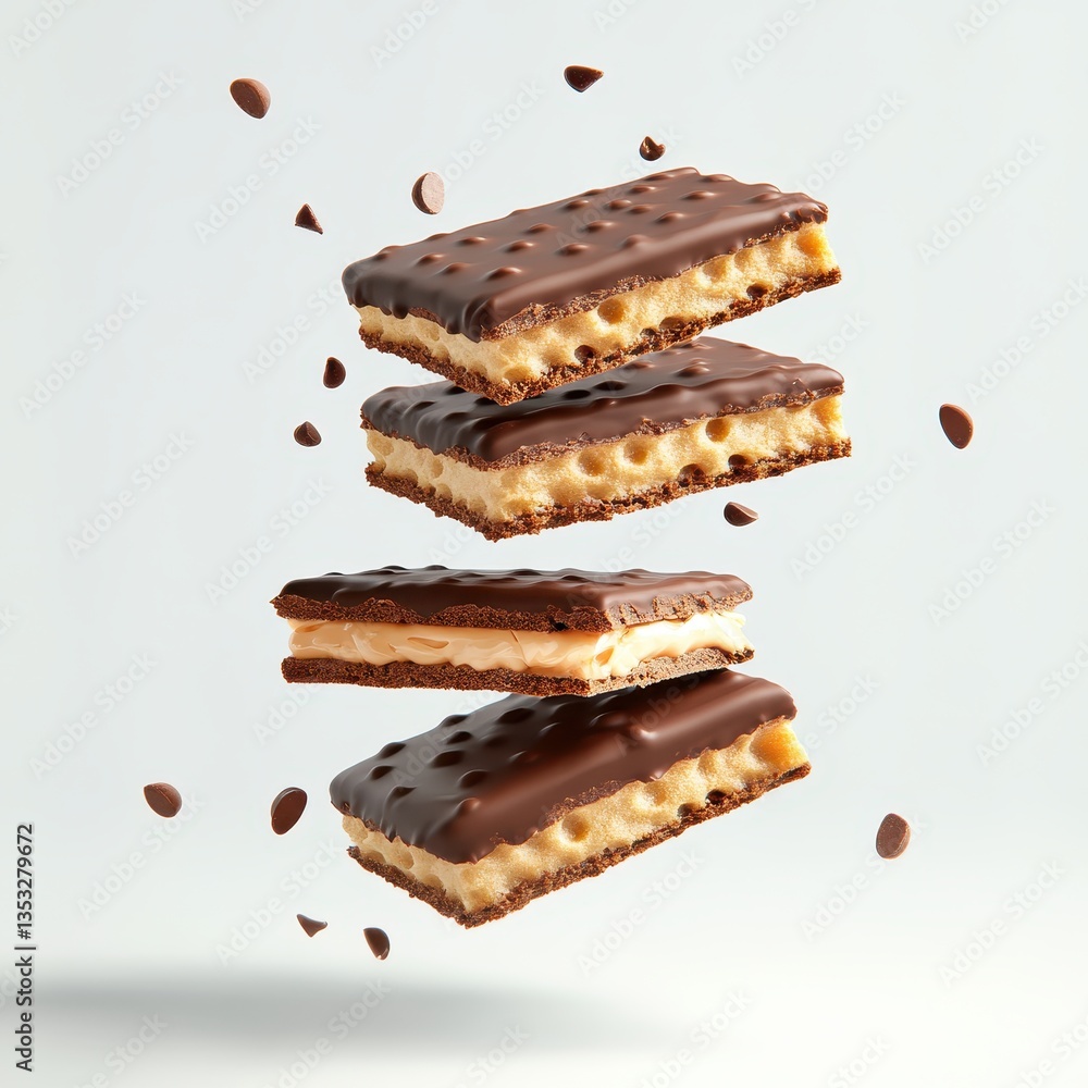 Poster delicious chocolate bars with crispy layers and smooth filling floating against a clean background