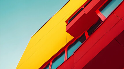 Colorful Modern Building Exterior With Yellow And Red Facade. Keywords
