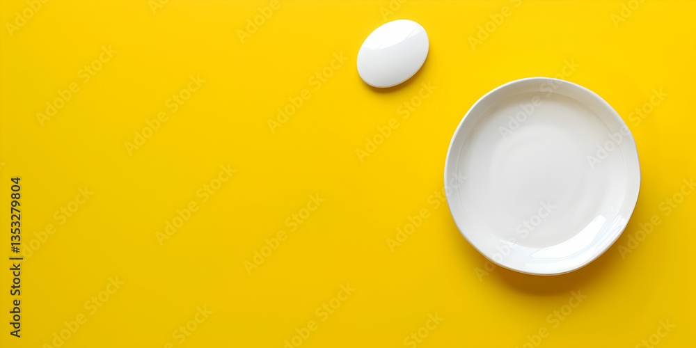 Aufkleber empty white plate on bright yellow background with a simple table setting design and a clean aesthet