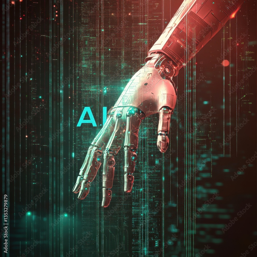 Poster a robot hand with the letters ai on it