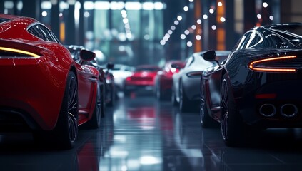 Sleek sports cars lined up in a modern, illuminated garage