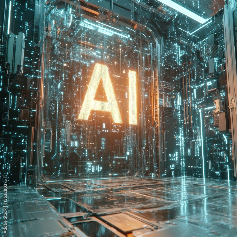 Poster a computer generated image of a room with a glowing a on the wall