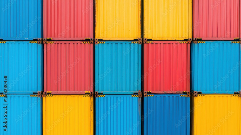 Poster colorful cargo containers arranged in geometric pattern create vibrant visual display. bright hues o