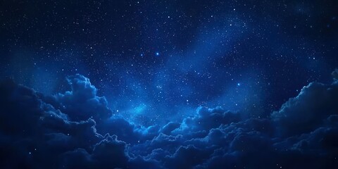 A deep midnight blue sky with scattered glowing stars and soft clouds