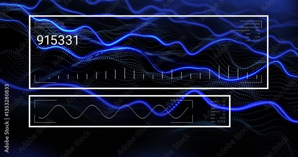 Poster blue waveforms and numerical data animation over digital landscape background