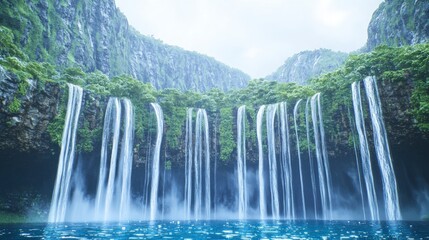 Fototapeta premium Majestic Waterfall Cascade in Lush Fjord Landscape