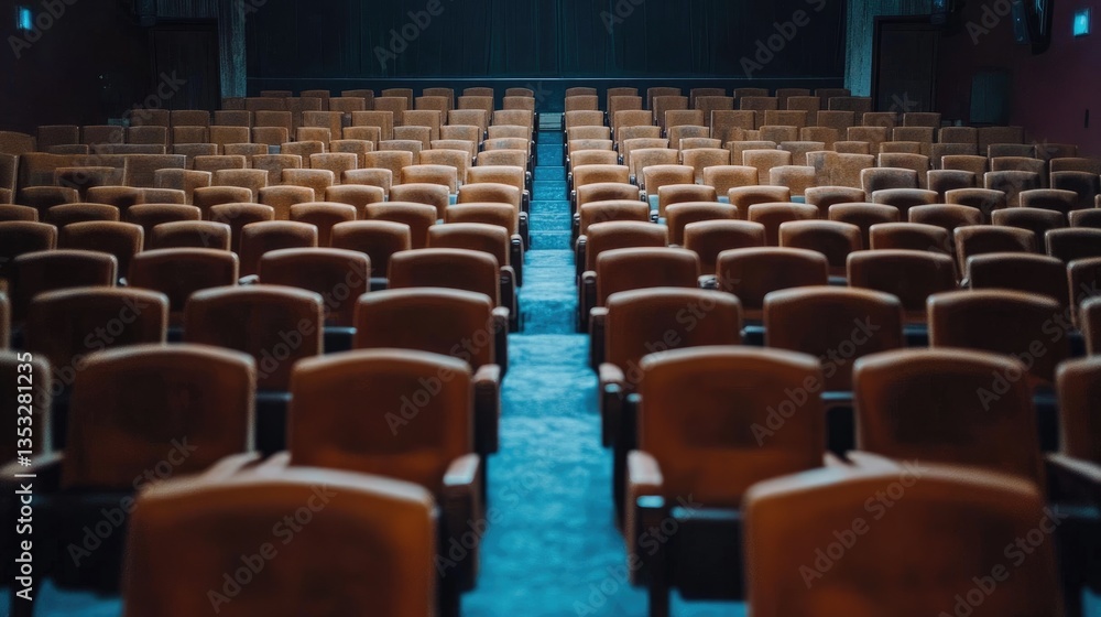 Aufkleber a high-angle view of an empty movie theater auditorium with neatly arranged rows of seats.