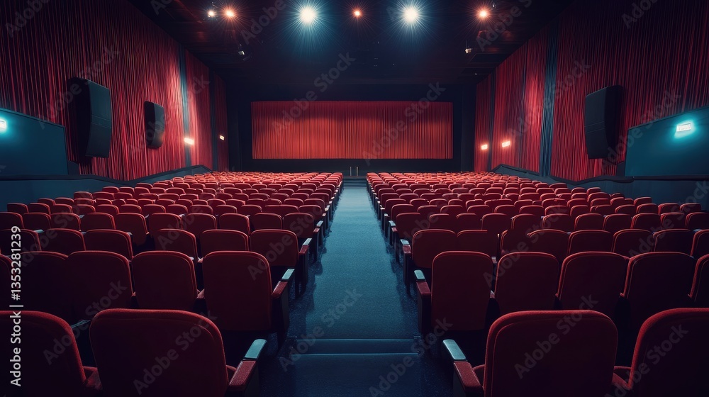 Poster a high-angle view of an empty movie theater auditorium with neatly arranged rows of seats.
