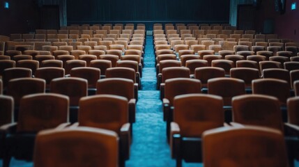 Naklejka premium A high-angle view of an empty movie theater auditorium with neatly arranged rows of seats.