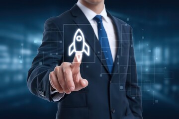 Businessman in touching digital rocket icon symbolizing startup growth.