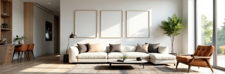 Modern living room with empty photo frames and artwork , empty photo frames, modern living room