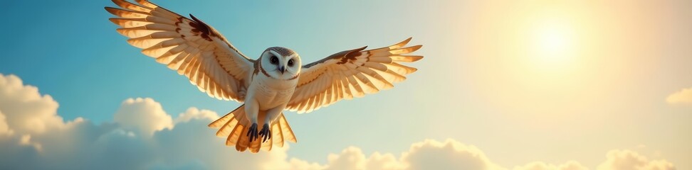 Obraz premium Colorful owl with open wings, flying in the sky against a sunny backdrop, bird, outline