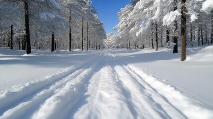 Snowy winter forest trail.  Sunlight through snow-covered pines