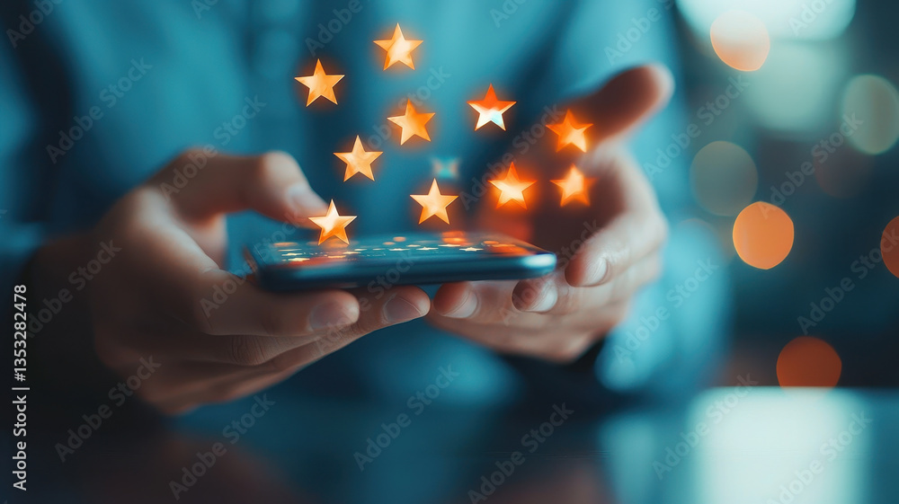 Poster enhance your digital experience with glowing star ratings as person interacts with smartphone, showc