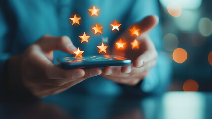 Enhance your digital experience with glowing star ratings as person interacts with smartphone, showcasing importance of feedback and user engagement in today tech driven world