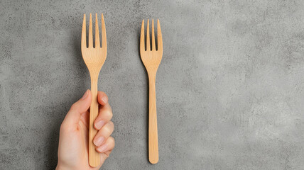 hand is holding two biodegradable wooden forks against textured gray background, showcasing eco friendly dining options. emphasizes sustainability and modern design