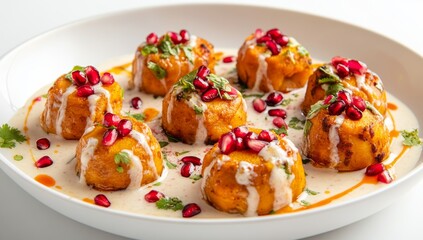 Naklejka premium Golden balls, creamy sauce, pomegranate garnish. Small, savory bites, served over a light, flavorful sauce. Garnished with fresh herbs and tart pomegranate seeds