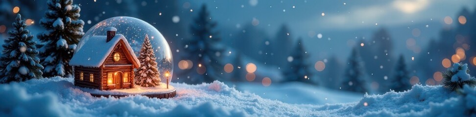 Snowglobe scene of a winter village , decorations, village