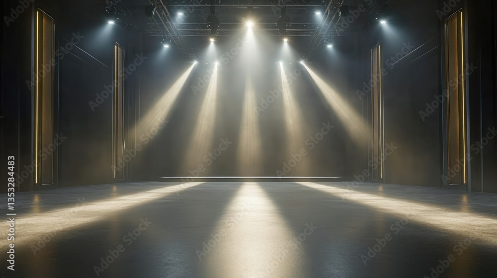 Poster a large stage with a glowing spotlight shining down onto the empty performance area.