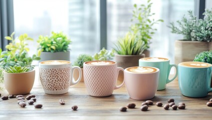 Fototapeta premium Cozy coffee scene with lattes and plants