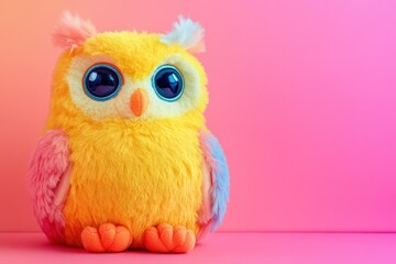 Obraz premium A colorful plush owl toy on a vibrant pink background