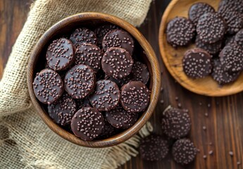 Delicious Dark Chocolate Treats with Sprinkles in Wooden Bowl and Plate, Perfect for Dessert or Snack Time Enjoyment on Rustic Wooden Table